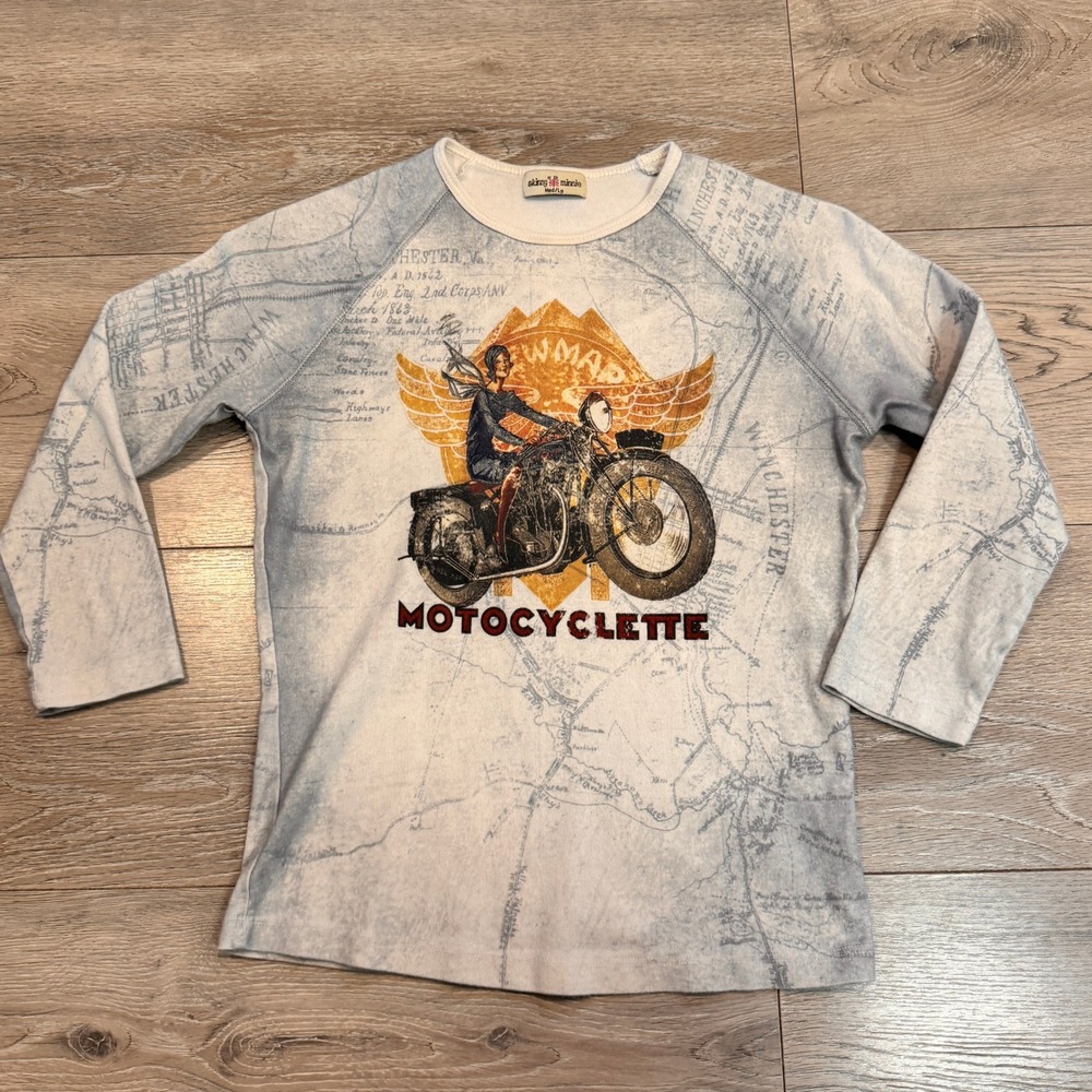 Skinny Minnie‎ Vintage Motorcycle Map Raglan Jersey Mini Top Medium 00's Y2K